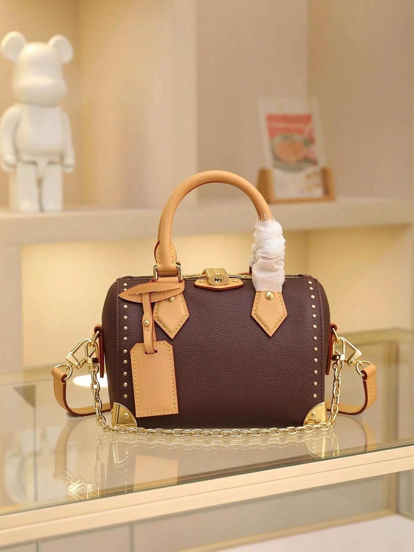 Vintage Color Block Rivet Pillow Bag for Women, PU Leather Handbag, Chain Crossbody Small Bag, Commute Travel Boston Bag
