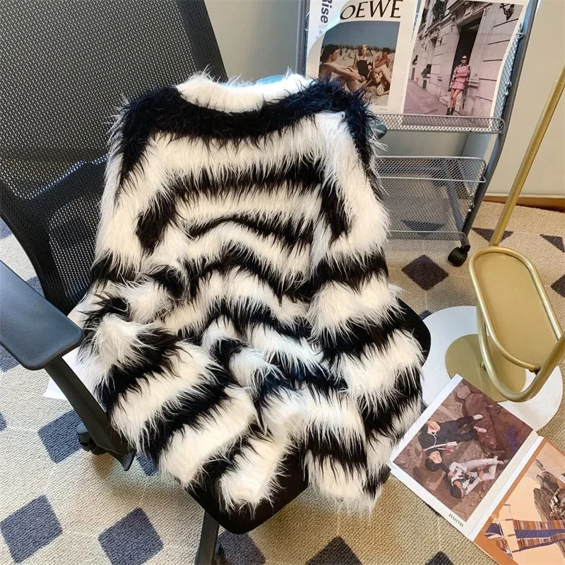 Color Contrast Black White Stripes Imitation Mink Wool Pullover Long Hair Sweater Women Autumn Winter Lazy Wind Knit Warm Top