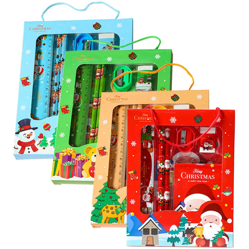 

4Sets Christmas Stationery Gift Box Cartoon Writing Pens Smooth Ink Student Xmas Gifts Unique Portable Cute Christmas Stationary