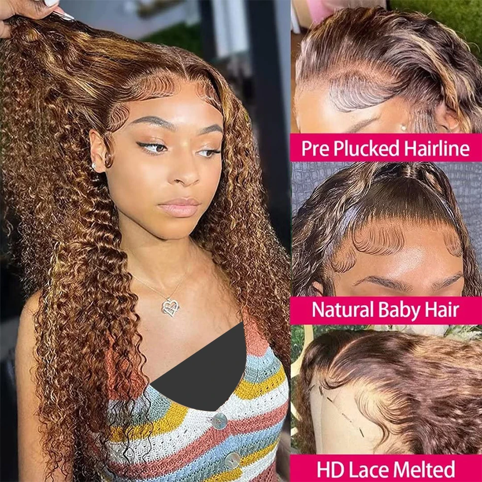 1B/30 Black Brown Ombre Highlight Deep Wave 13x6 HD Lace Frontal Human Hair Curly Wig 13x4 Lace Front P427 Colored Wig For Women