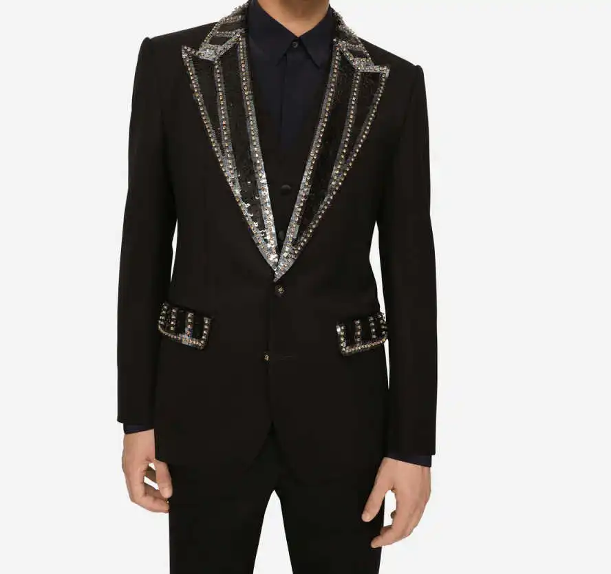 Luxury Men Suits 2 Pieces Crystals Peaked Lapel Groom Wedding Tuxedos Single Breasted Plus Size Formal Party Customized