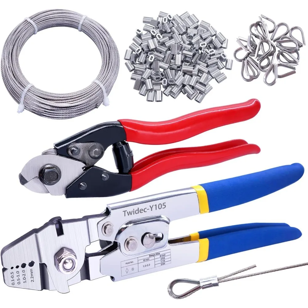 Wire Rope Crimping Tool Kit with 240 Sleeves, 165FT Cable, Thimbles & Cutter for DIY and Industrial Use