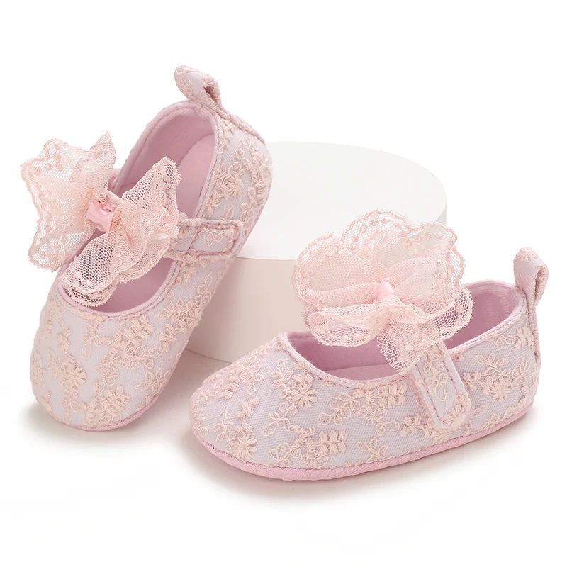 Baby Learning Walk Shoes, 2 Colors Floral Lace Bow Mary Janes, Soft Slip On Princess Girls Wedding Party Footwear 0-1 Year