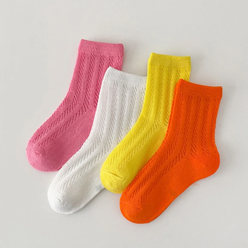 4 Pairs Kids Boys Girls Breathable Socks Solid Color Warm Soft Children Socks for 0-12Y Baby Home Outdoor Quick Dry Cotton Socks