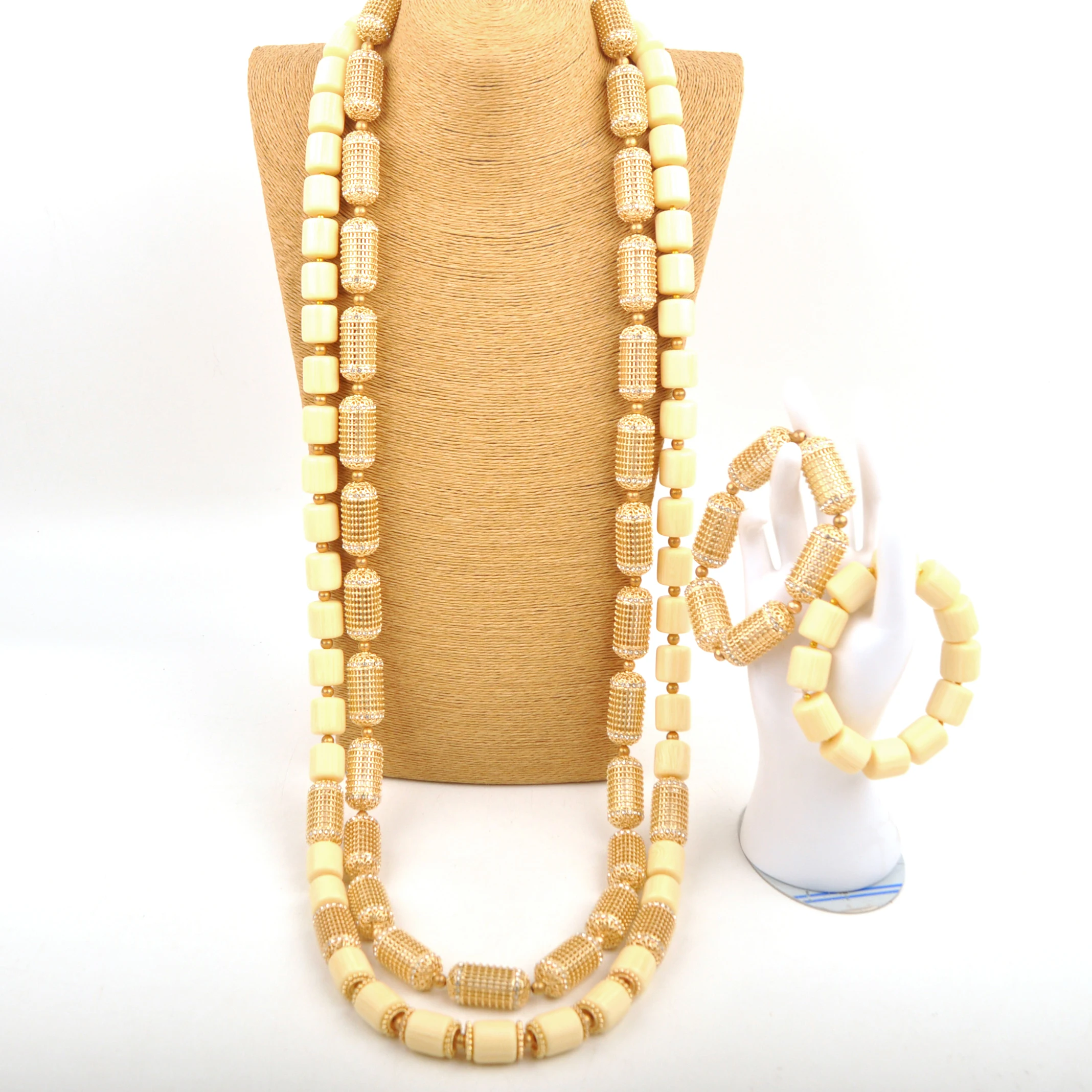 

Nigerian Wedding Set 2Layers 50inches White Groom Necklace Artificial Coral Jewelry Set for Men