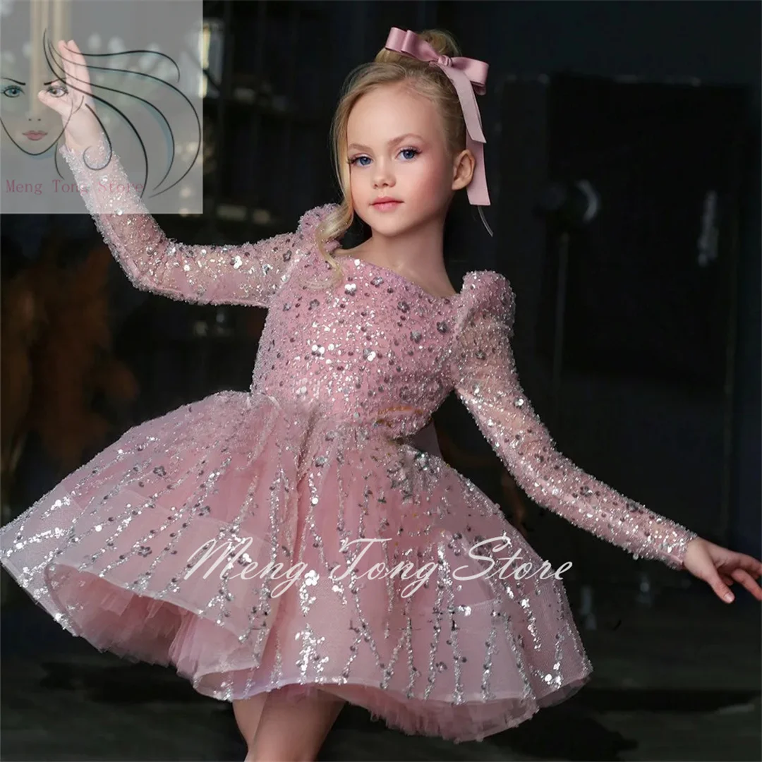 Vestido rosa esponjoso con apliques de lentejuelas para niña, falda brillante para boda, elegante vestido de fiesta de cumpleaños para niño