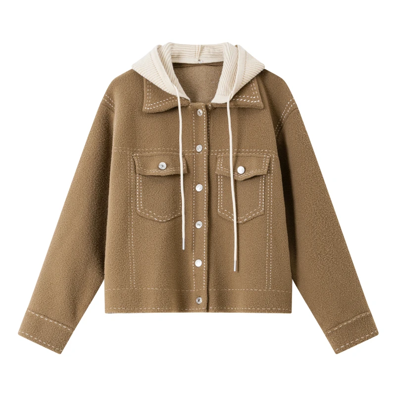 VIMLY Damenmantel 2025, neue abnehmbare Kapuze, kontrastierende Spleißen, sichtbare Nähte, Jacken, vielseitige Damen-Winterkleidung 30580