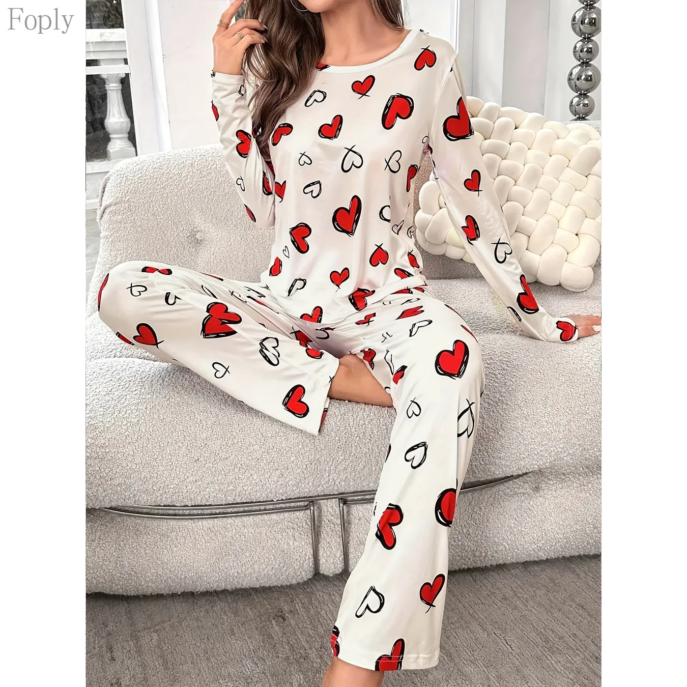 

Women's Love Print Pajamas Set Spring Autumn 2 Piece Thin Pyjama Cute Sleepwear Long Sleeve Pants 2 Piece Pijama Pjs Loungewear