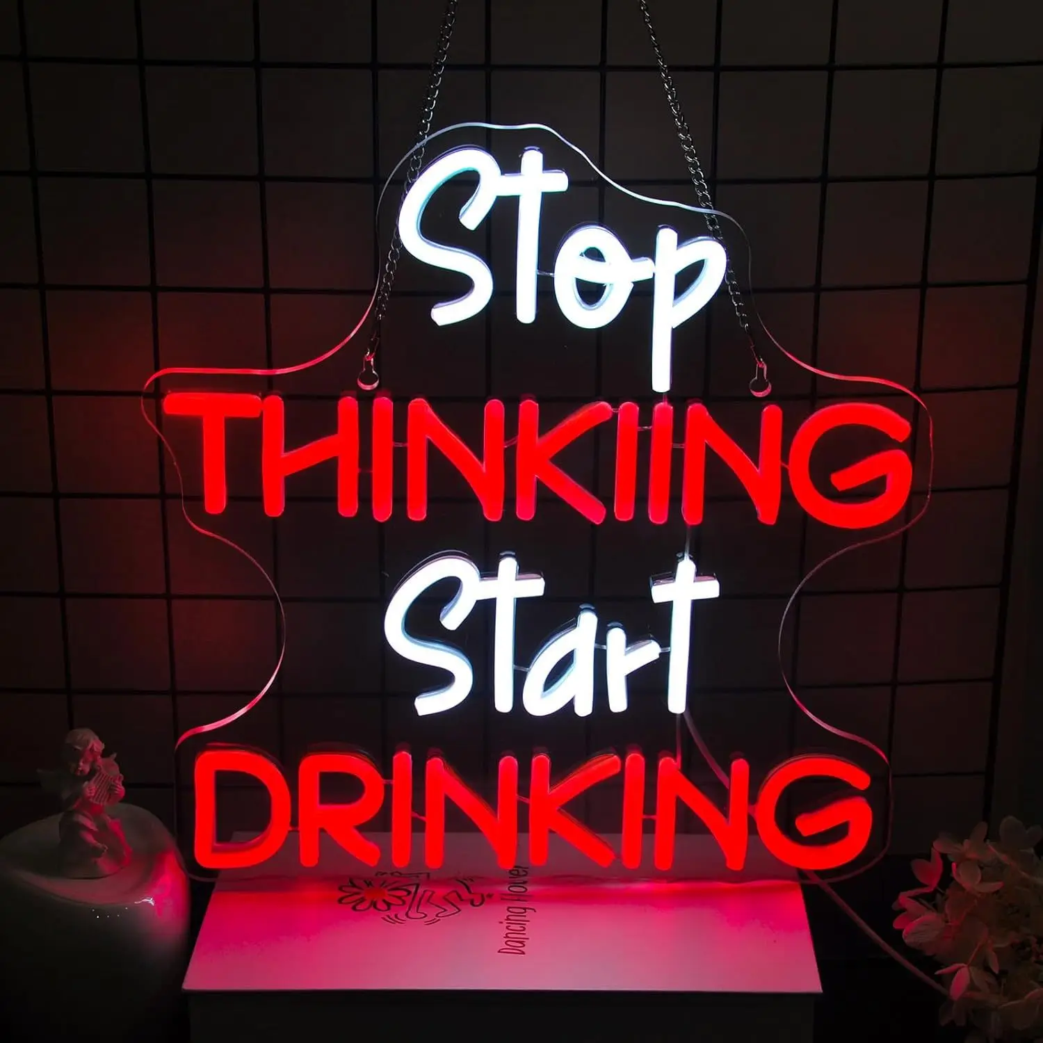Stop Thinking Start Drinking Neon Sign Red White LED Funny Bar USB Powered Dimmable Wall Art for Home Pub Party Decor