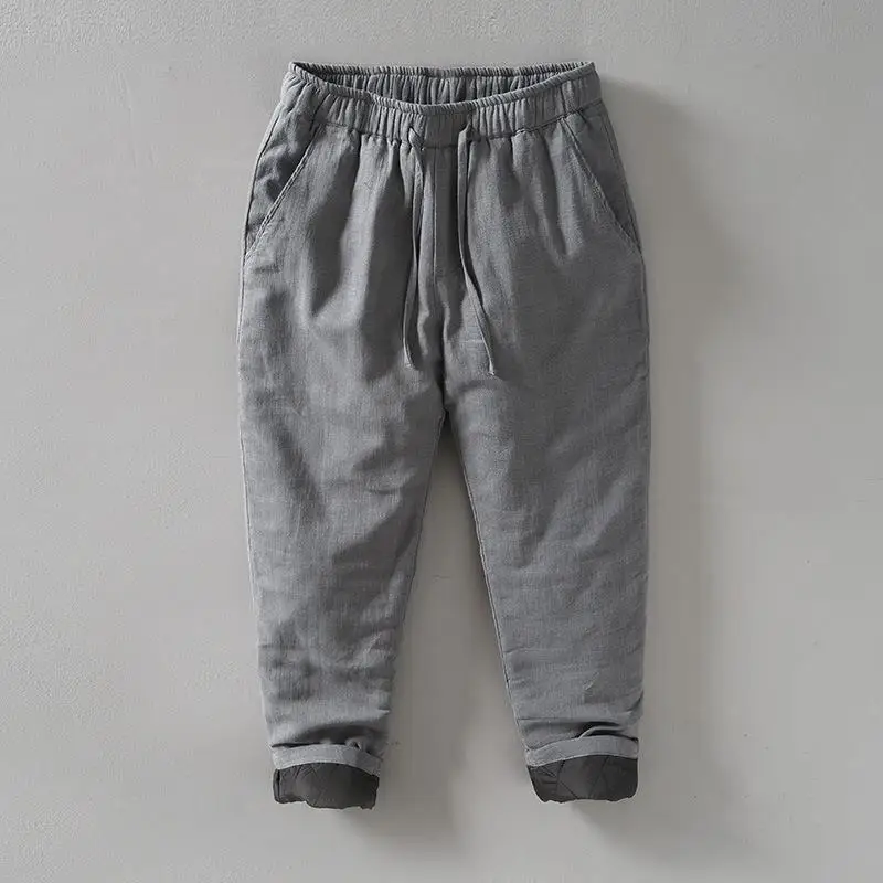 Winterbroek voor heren Retro casual elastische taille rechte buis warme en dikke ramee lange katoenen broek met trekkoord Herenkleding