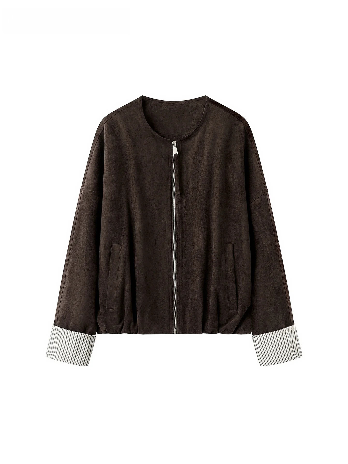 

La Chapelle round Ne Striped Cuffed Splice Design Retro Casual Zipper Jaet Women Loose Faionable Coat Commute Sle