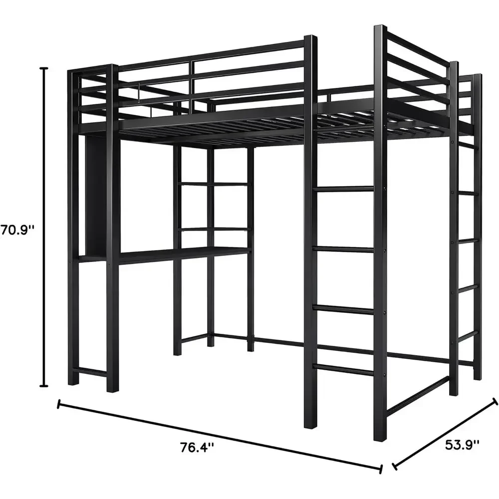 Full Size Metal Bed with Desk, Safety Rail, Double Layer Shelves, No Box Spring, 2 Ladders, Black