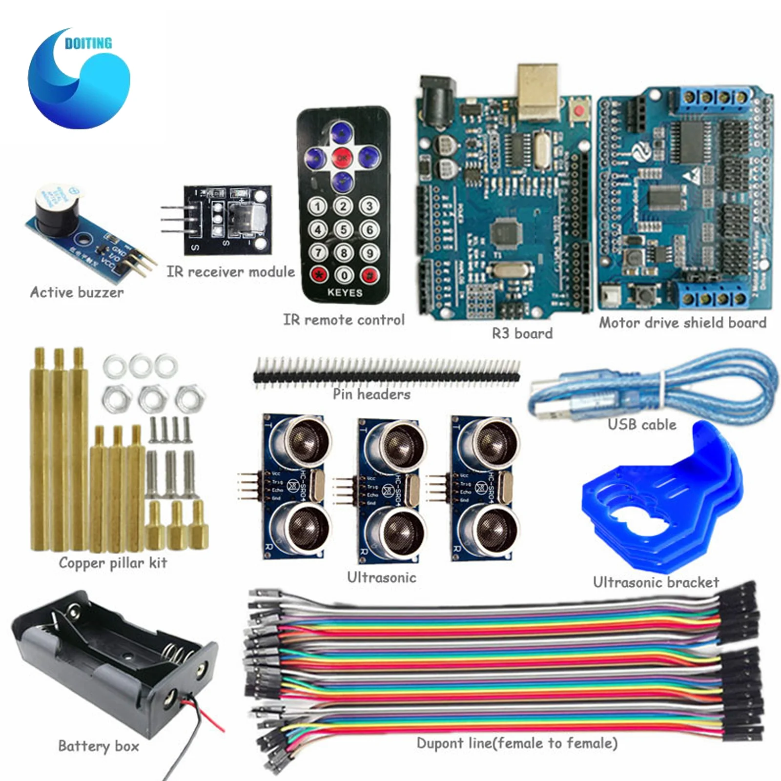 

1 set IR Control kit for Smart Robot Car Chassis with 3-way Ultrasonic Obstacle Avoidance+ UNO R3 Board for Arduino+Buzzer