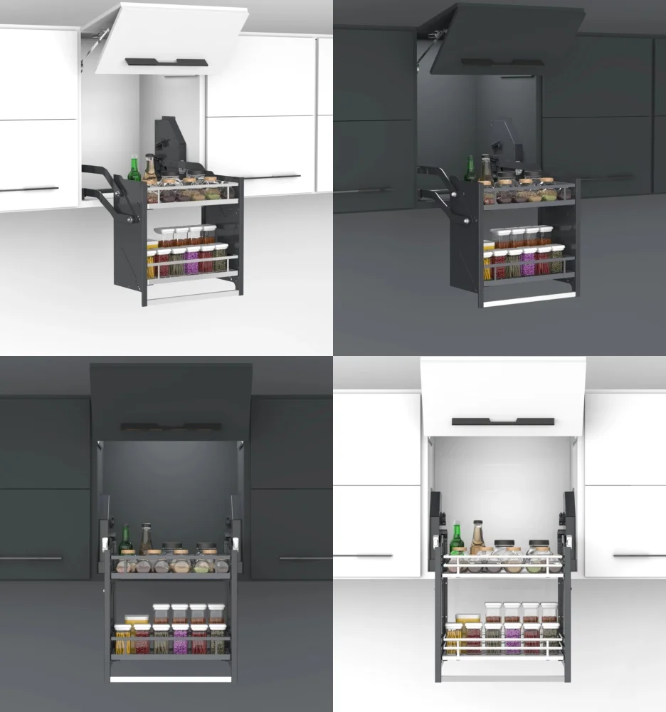 for Luxury Modern Custom Cupboard Glass Stainless Steel Flat Chrome Pull Down Shelf Storage Lift Up Basket for Kitchen