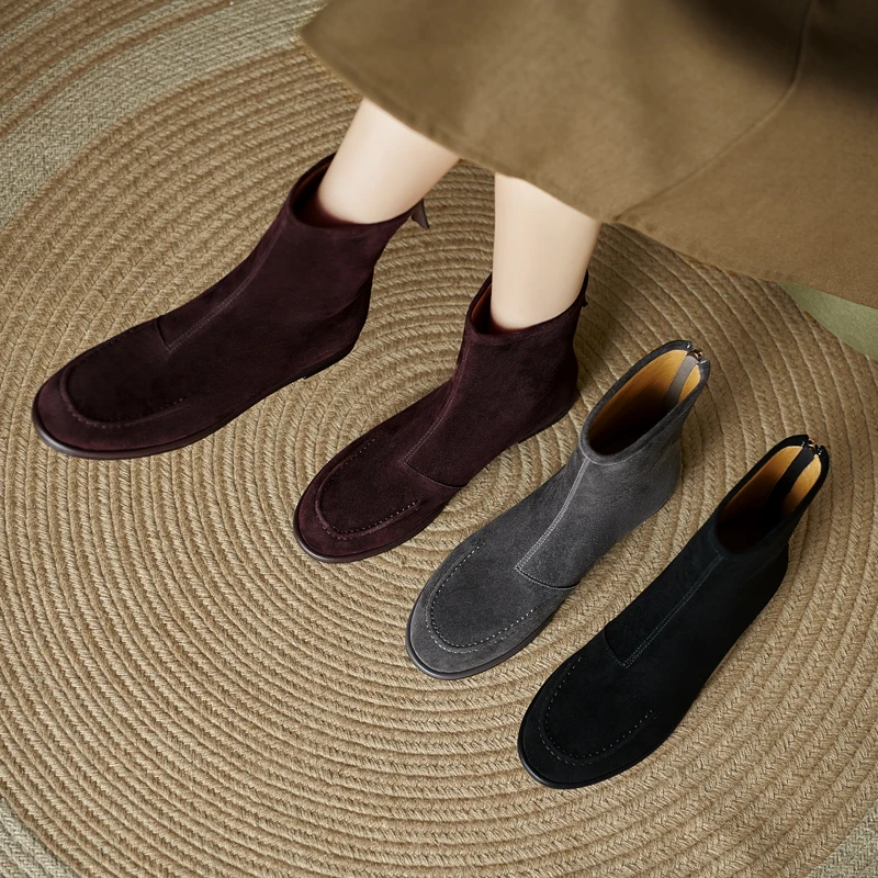 2025 New Women's Ankle Boots and Short Boots Round Toe Back Zipper Women Boots Large Sizes Flat Sole female Biker Boots