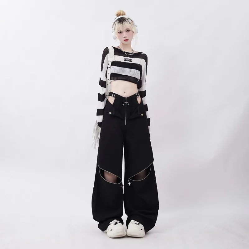 Black Cargo Pants Female Summer Casual Original Retro Multi Zip Pocket Two Wear Design Drawstring Casual Oversized Trousers