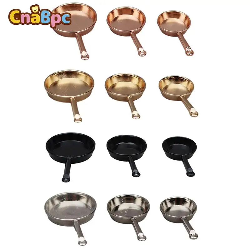 Sartén en miniatura para casa de muñecas, utensilios de cocina de Metal, modelo de juguete, Escena de cocina, accesorios de decoración, 1:12, 3 piezas por juego