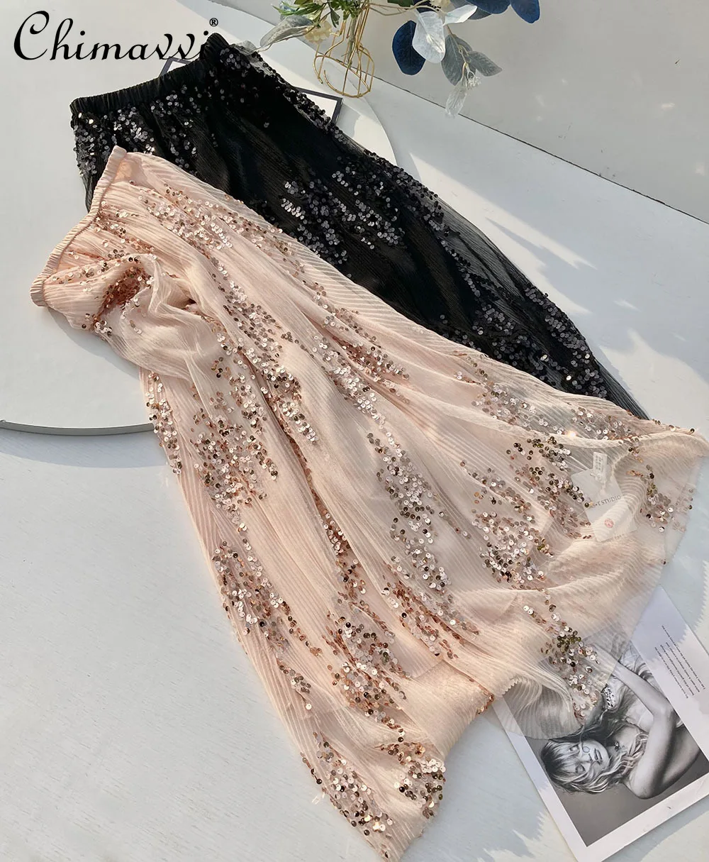 Fashion Sequined Sparkling Skirt Girl 2025 Spring and Summer New Elastic Waist Versatile Slim Pendant Mesh Chiffon Fairy Skirts