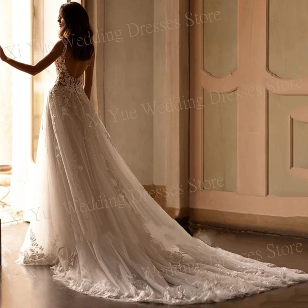 Robes de mariée A-ligne avec appliques en dentelle à col en V, robe en tulle, bretelles spaghetti, beau, exquis, quelle que soit la fibre, éducatif