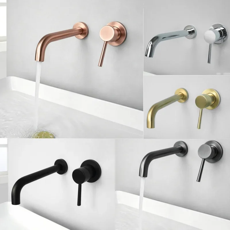 Luxury Brushed Rose Gold Tap Wall Mount Bathroom Basin Sink Faucet Solid Brass Single Handle Hot and Cold Mixer Bathtub Faucet