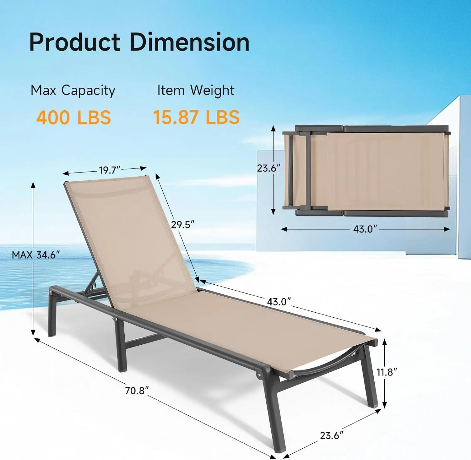 Outdoor Khaki Aluminum Chaise Lounge 1Pc Outside Poolside Chair