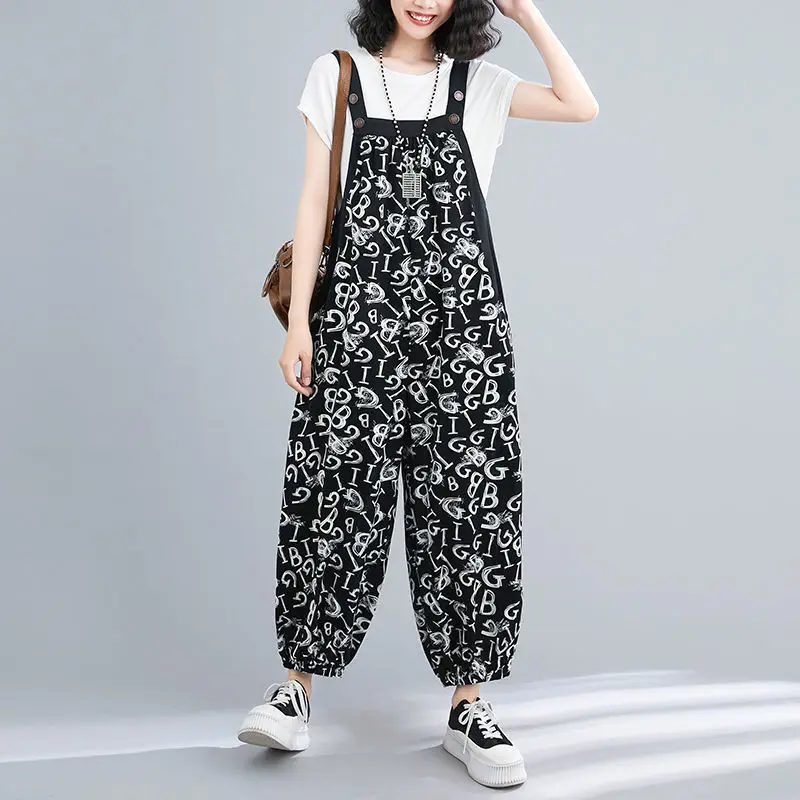 Women's Clothing Spring Autumn Summer Geometric Letter Printing Pockets Button High Waisted Loose Jumpsuits Vintage Pants