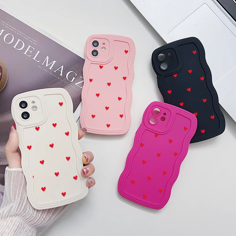 Love Heart Curly Wave Case for iPhone 15 Fundas iPhone 11 12 13 14 16 Pro Max 7 8 Plus SE X XR XS Shockproof Bumper Soft Cover