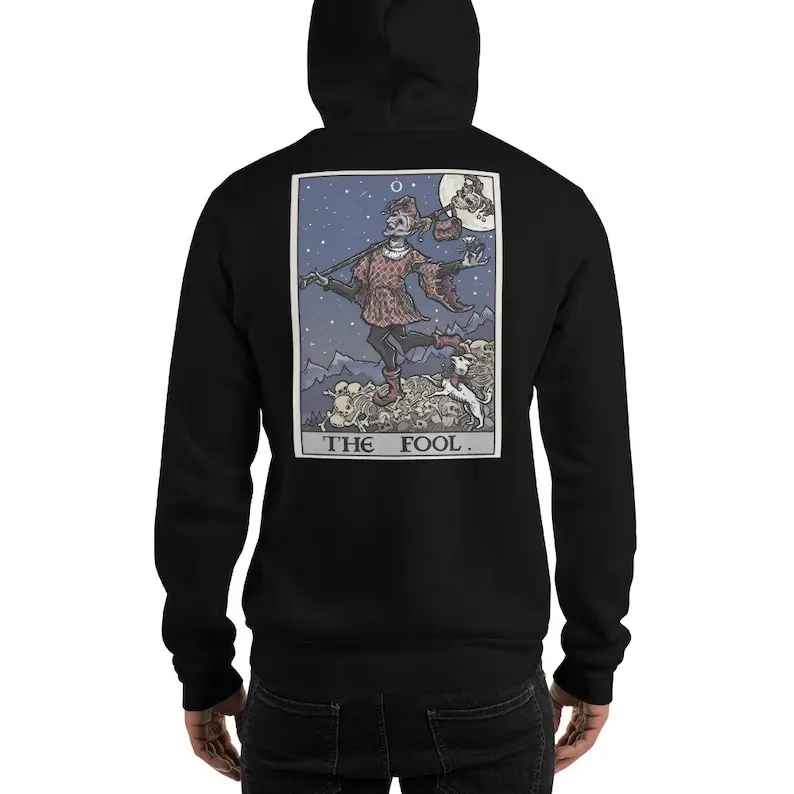 The Fool Terror Tarot Edition Spooky Jester Halloween Back Print Hoodie with Small Chest Print Goth Gothic Witch Gift Sweatshirt