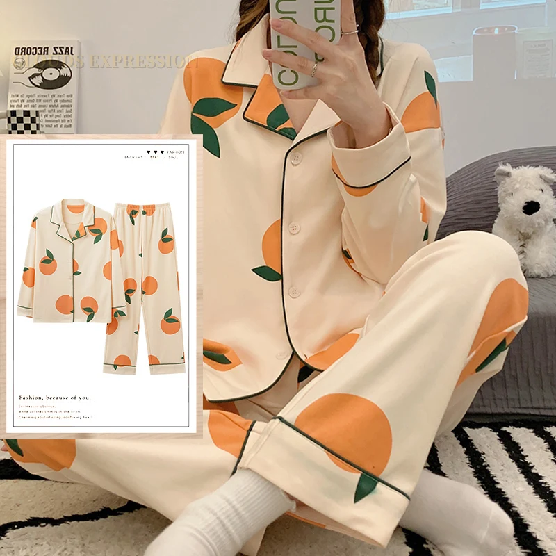 Spring Autumn Knttted Womens Pajamas Sets Lapel Funny Pjs Cartoon Sleepwear Plaid Homewear Girl Pijamas Mujer Pyjama 3XL Fashion