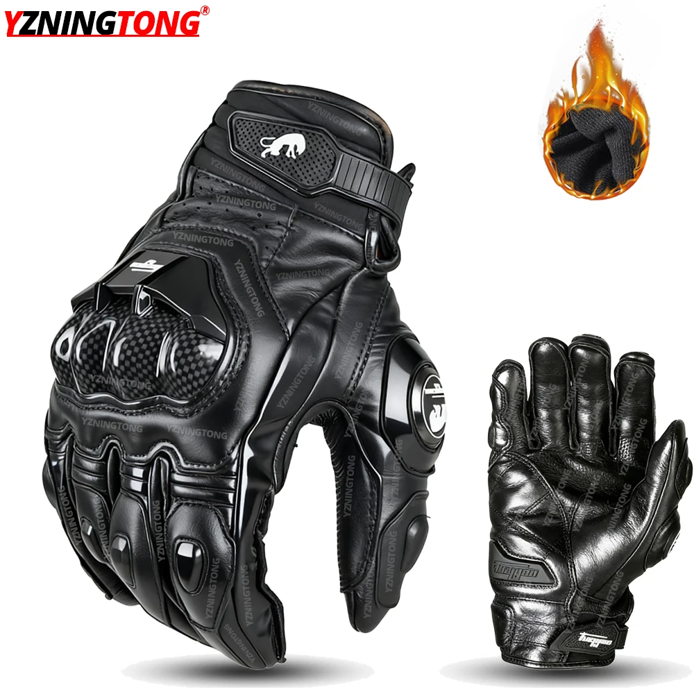 Leather Motorcycle Gloves Black White Racing Genuine Leather Bike Motorbike Road Racing Team Glove Waterproof Men Summer Winter