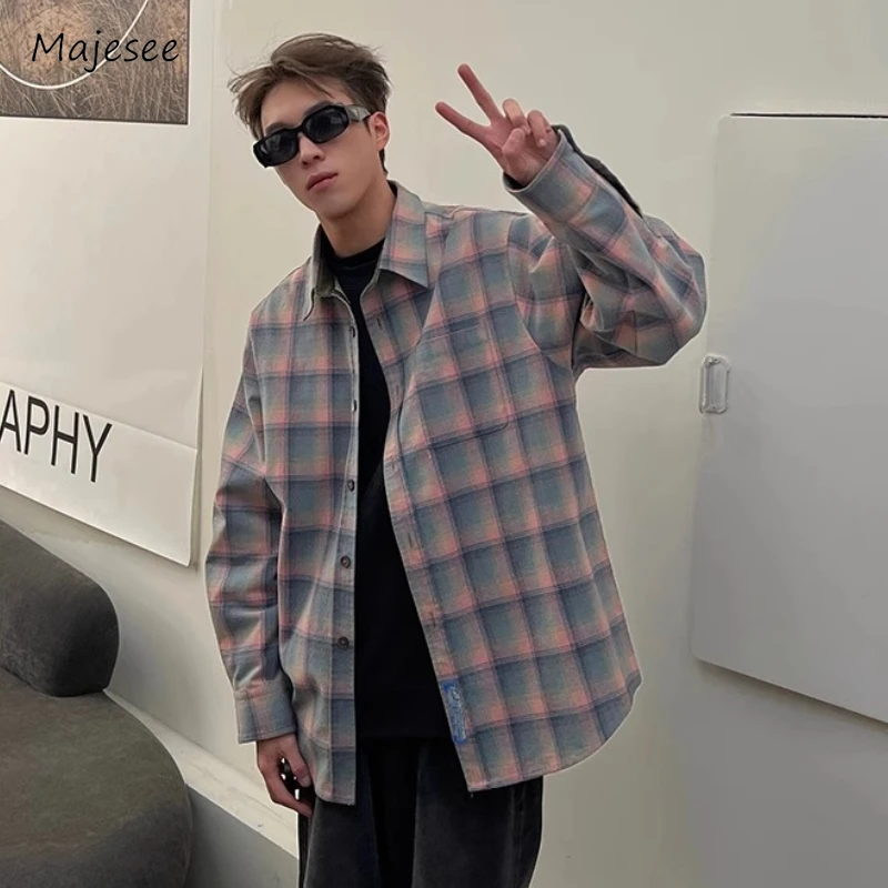 

Colorful Plaid Shirts Men Vintage Fashion Streetwear Long Sleeve Shopper Harajuku Loose Leisure Japanese Style Soft Spring Cozy