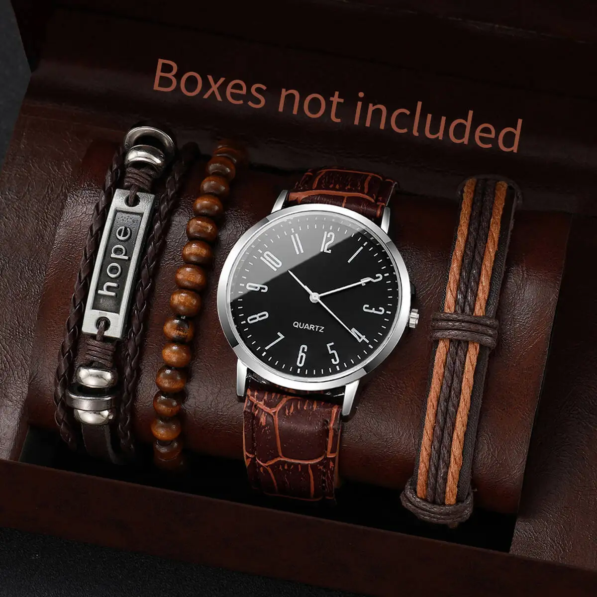 4/5PCS 패션 남자 시계 팔찌 세트 캐주얼 가죽 스트랩 비즈니스 쿼츠 시계 남자 시계 Reloj Hombre (상자 없음)