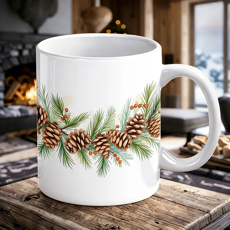 

11 oz pine branch and pinecone ceramic mug with handle, full-pattern coffee cup, insulated milk cup, office water cup
