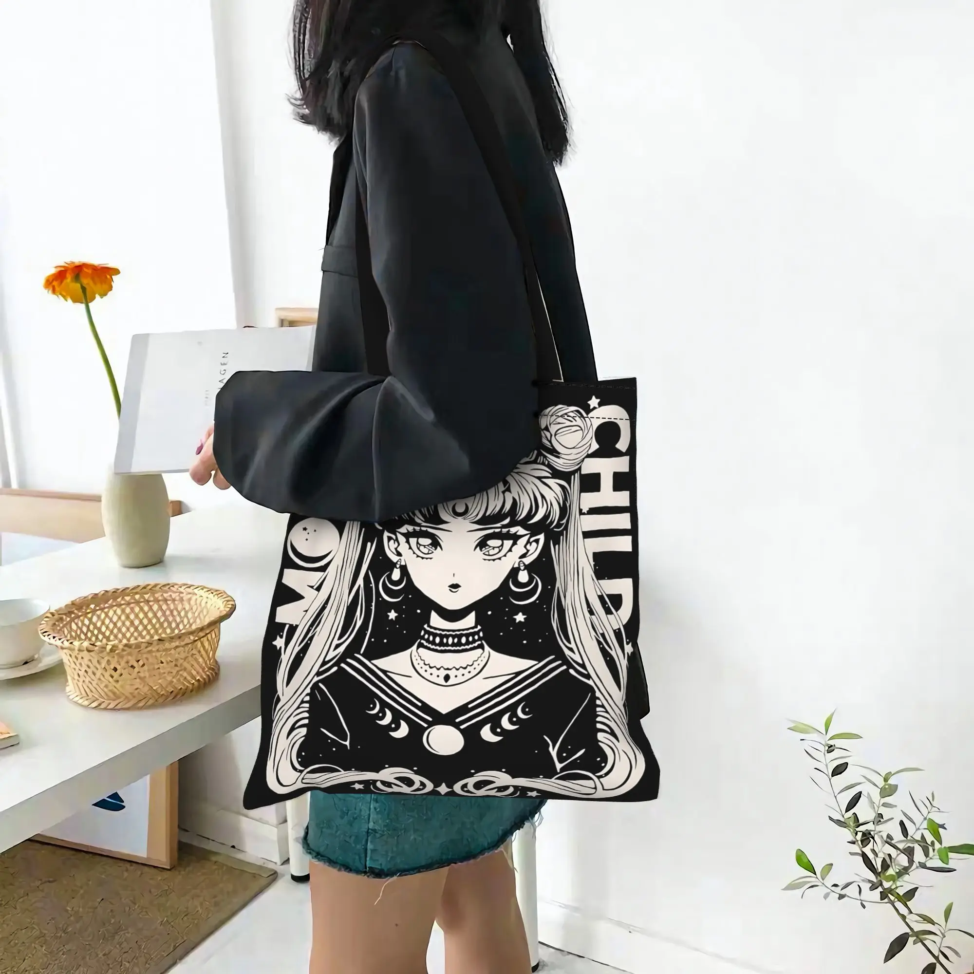 Customized Sailor Moon Women's Bag Shopping Bag Reusable Double Sided Canvas Tote Bag Shoulder  Handbag