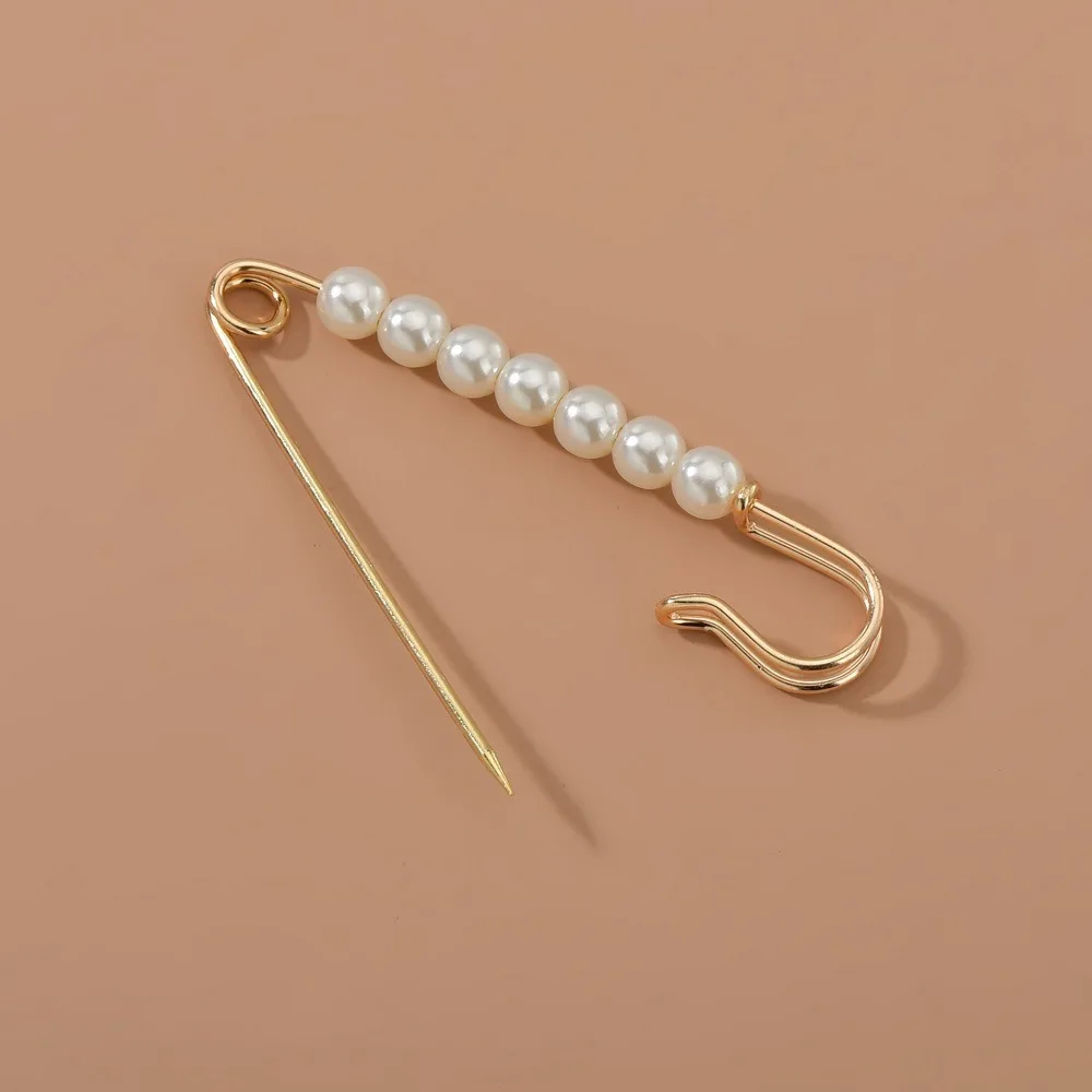Korean Simple Gold Color Long One-Word Imitation Pearl Safety Pin Brooches for Women Cardigan Dress Anti-Gape Decor Jewelry Gift