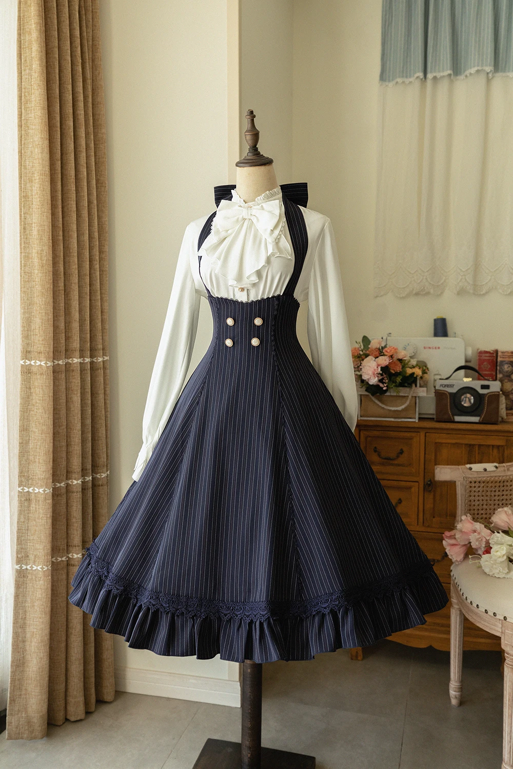 Original Lolita Woman Halter Sling Dress 2023 Spring and Autumn New French Style Lolita Complex Striped Gray Blue Strap Dresses