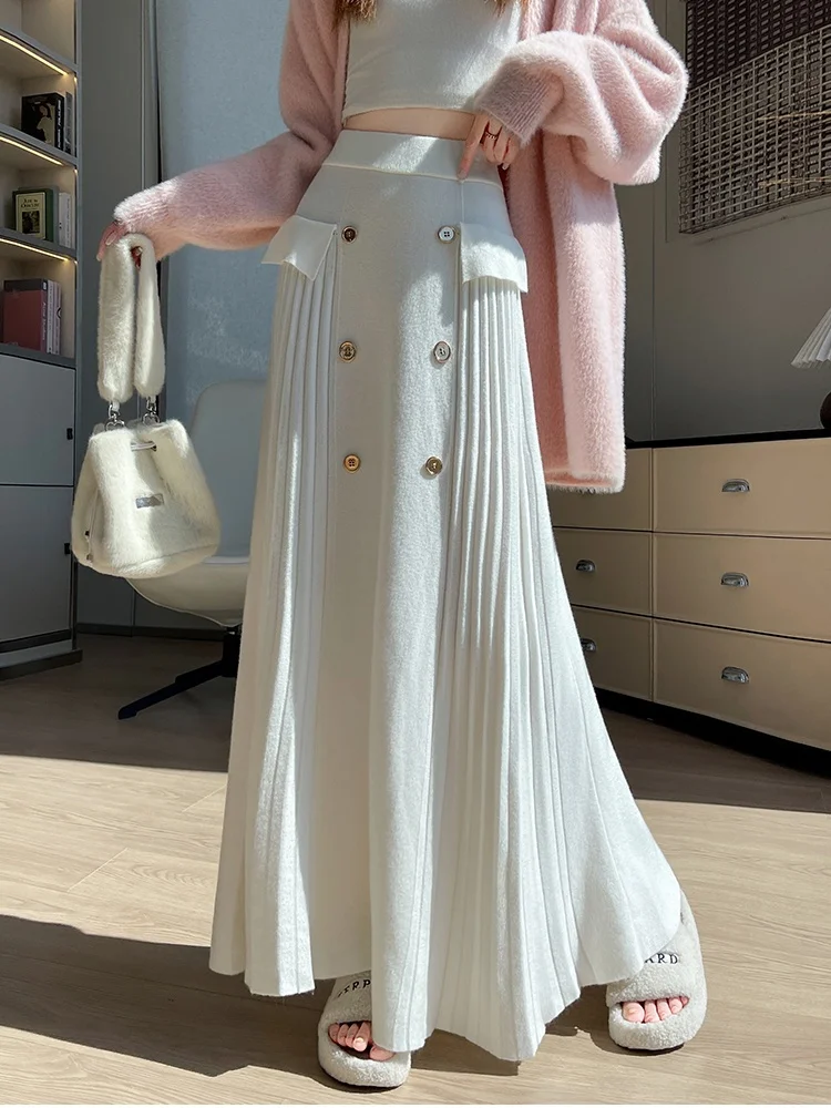 تنورة محبوكة ناعمة لزجة للنساء لخريف وشتاء 2025 بخصر عالٍ للتخسيس تنورة كبيرة متأرجحة على شكل حرف a تنورة مظلة للسيدات