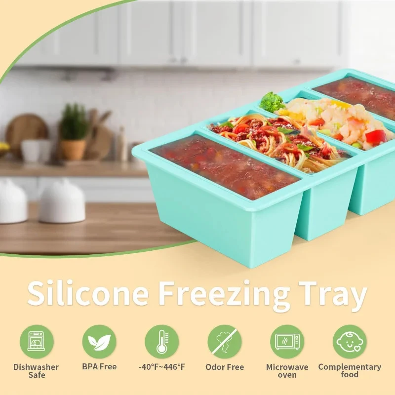 Molde de silicona grande de 4 rejillas con tapa, apto para sopa, caldo, salsa, contenedor de alimentos, bandeja para congelar, fácil de desmoldar