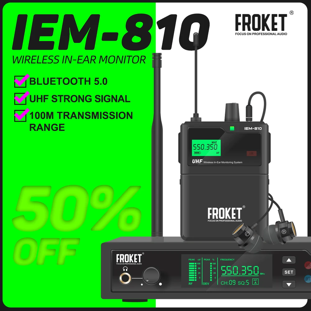 FROKET IEM-810 UHF Sistema de monitoramento intra-auricular sem fio com alcance de 80m 530-580MHZ para performance em palco, gravação, banda, batedor, igreja