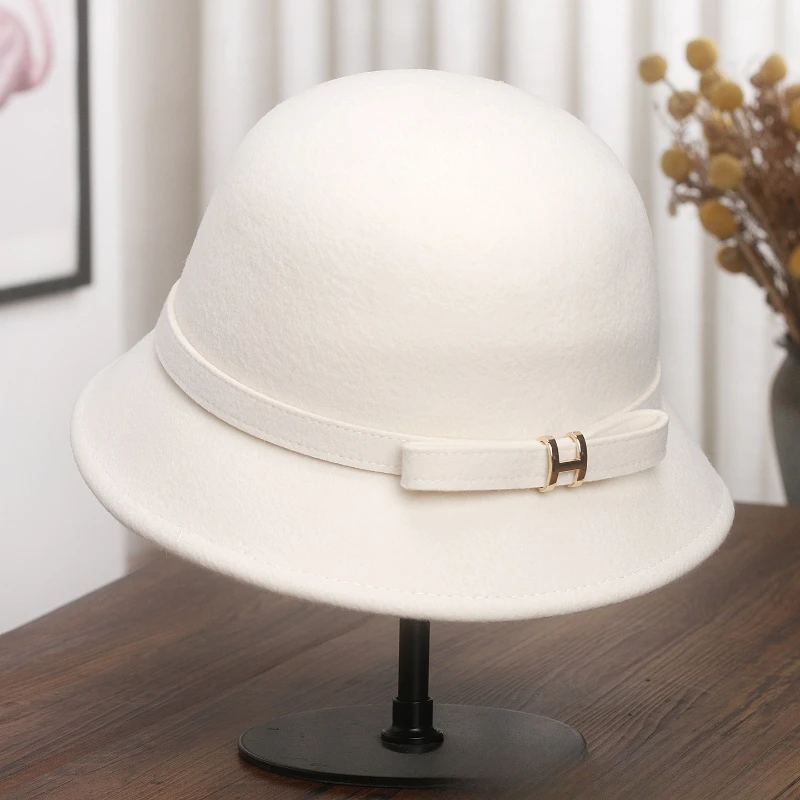 

Hepburn Style Winter Women Vintage French Simple White Red Fisherman Woolen Hat Bow Elegant Cap Party Wedding Church Derby Felt