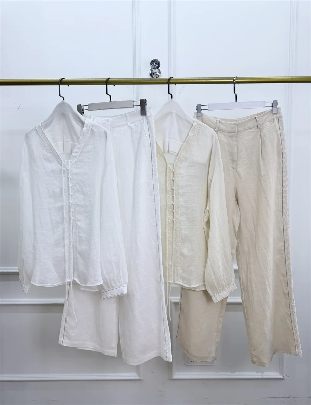 

26 Spring/Summer Women's Clothing Linen Suit V-neck Shirt With Straight Leg Trousers 2 Piece Set