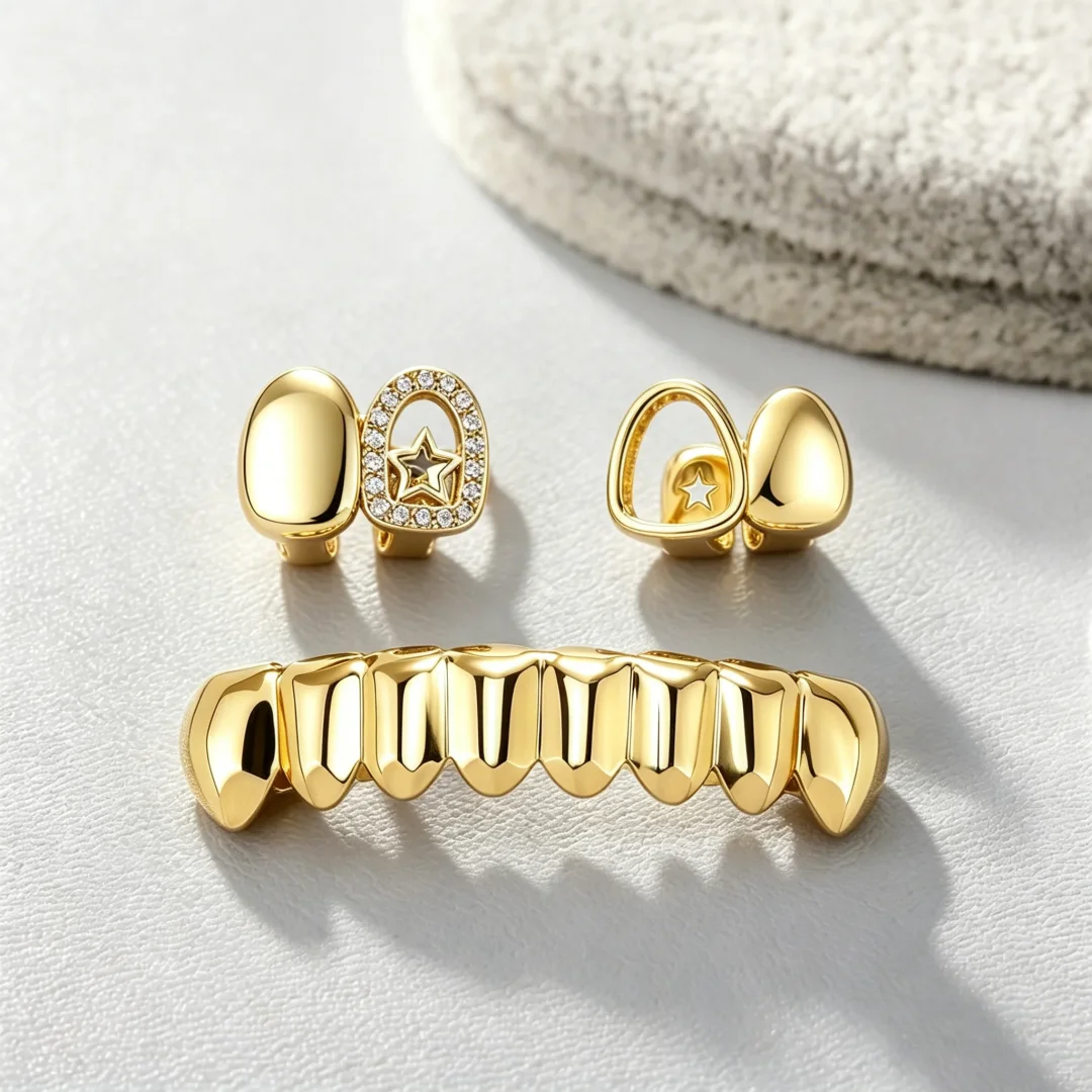 3PC Y2K Gold Plated Copper Star Grillz Set Iced out 8 Tooth Hollow Design for Men & Women Streetwear Jewelry