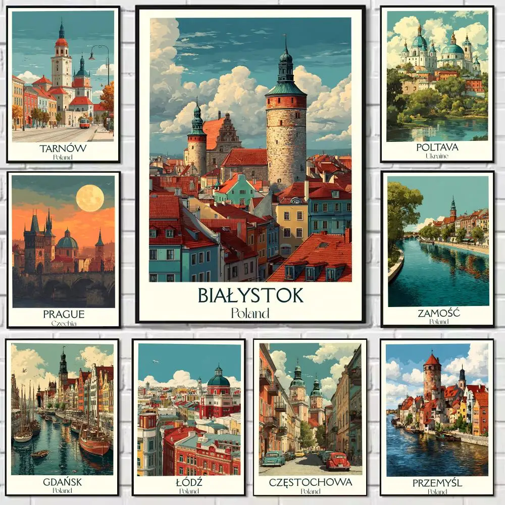 

Art Vintage Poland City Painting Calligraphy Modern Waterproof Wall Art Print For Home Living Room Bedroom Office Decor