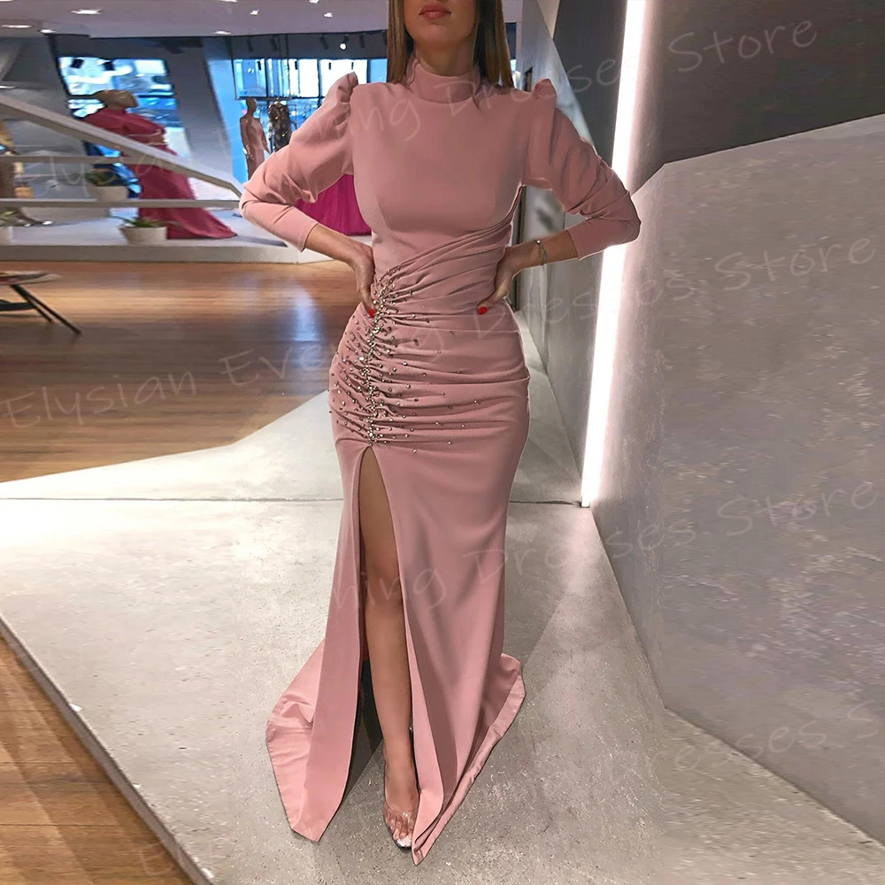 

Elegant Pink Women's Mermaid Pretty Evening Dresses Modest High Neck Beaded Prom Gowns Long Sleeve Side Split Vestido De Noche