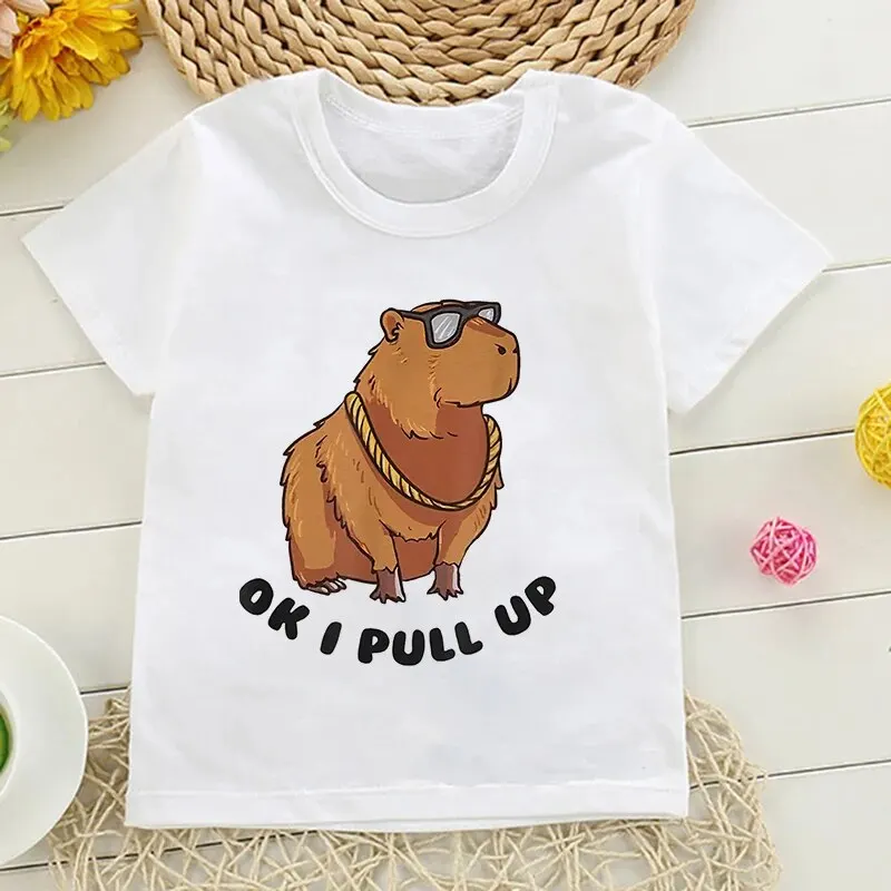 Children\'s Clothing Girls Elementary White Cartoon Capybara Birthday T-Shirt for Boys Short Sleeve Korean Fashion Kids Tee Tops