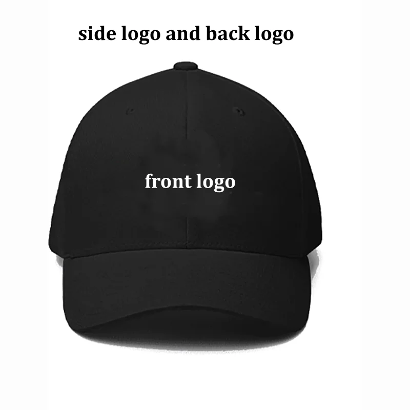 Front logo side logo and back  embroidery logos  for full fitted closed black baseball cap