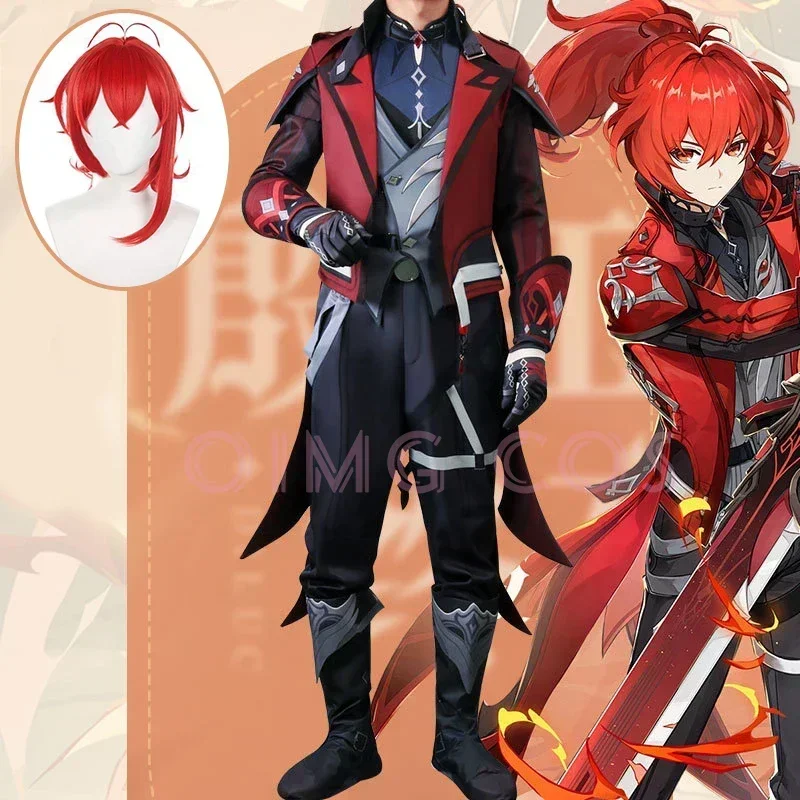 Genshin Impact Diluc 코스프레 의상 유니폼 가발 애니메이션 할로윈 의상 게임 Red Dead of Night Skin New Skin #   1 #   W.