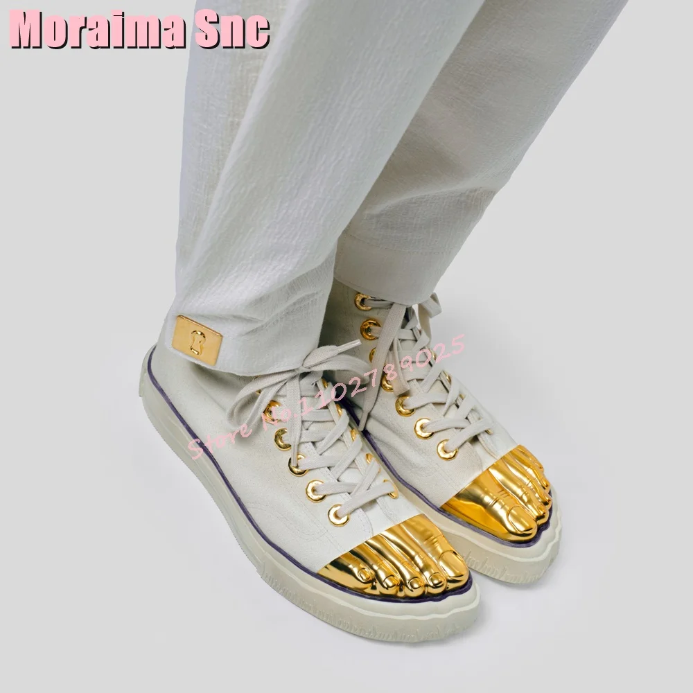 2024 New Canvas Golden Toes Shape Sneakers Lace-up Thick Bottom White Fashion Unique Women Couple Shoes Outdoor Casual Summer