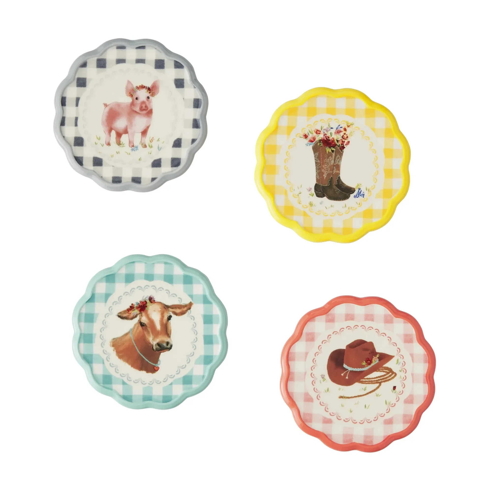 

(4 pack) Gingham with Ranch Icons Set of 4 Ceramic Coasters,Anti-slip bottom