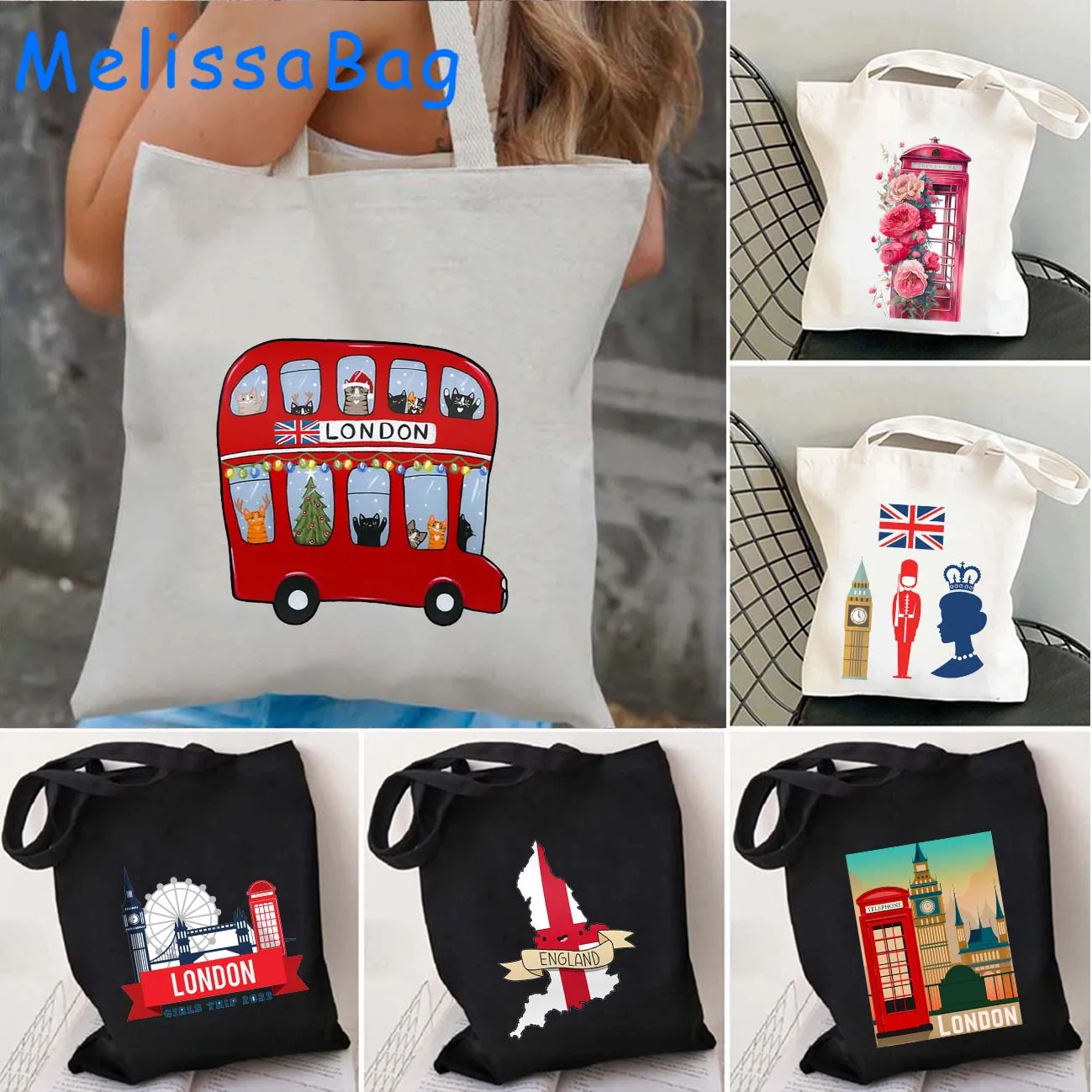 London England Bus Big Ben British Cute Gifts United Kingdom UK Love Heart Flag Canvas Shoulder Tote Bag Harajuku Cotton Handbag